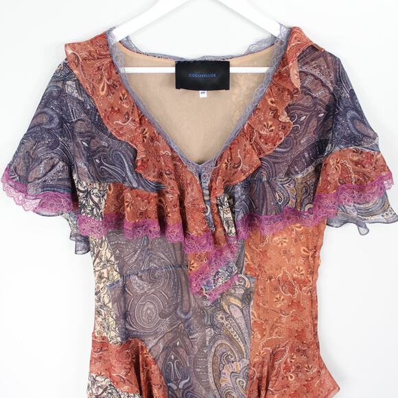 Costarellos Frill Ruffle Tiered Dress Bohemian Cottagcore Paisley Patches - Picture 7 of 13